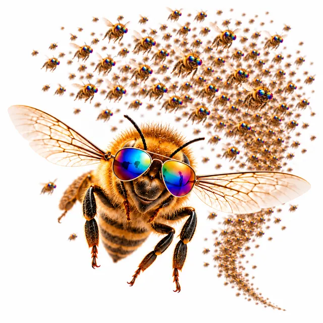 Maskottchen von Zmaart Buzz: Biene mit Sonnenbrille vor ihrem Schwarm